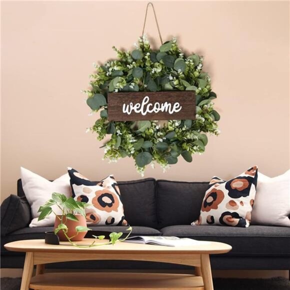 Artificial Eucalyptus Wreath 17.7inch Door Decor Wreath with Wooden Sign Welcome - Picture 6 of 6